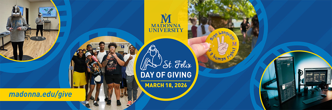 St. Felix Day header photo featuring a collage of different donation beneficiary groups like the nursing sim lab and sign language studies, school of business and bridge program